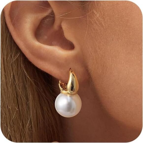 Pearl Earrings 14K Gold Plated 925 Sterling Silver Dainty Cultured Round Pearls - Picture 1 of 6